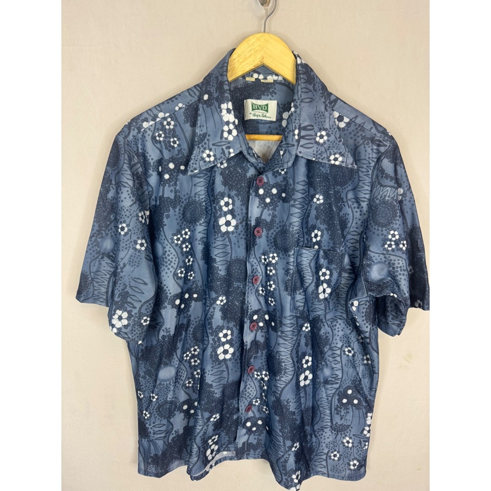 Vintage BVD 70s Mens XL Tall Blue Floral Disco‎ Short Sleeve Button Shirt
